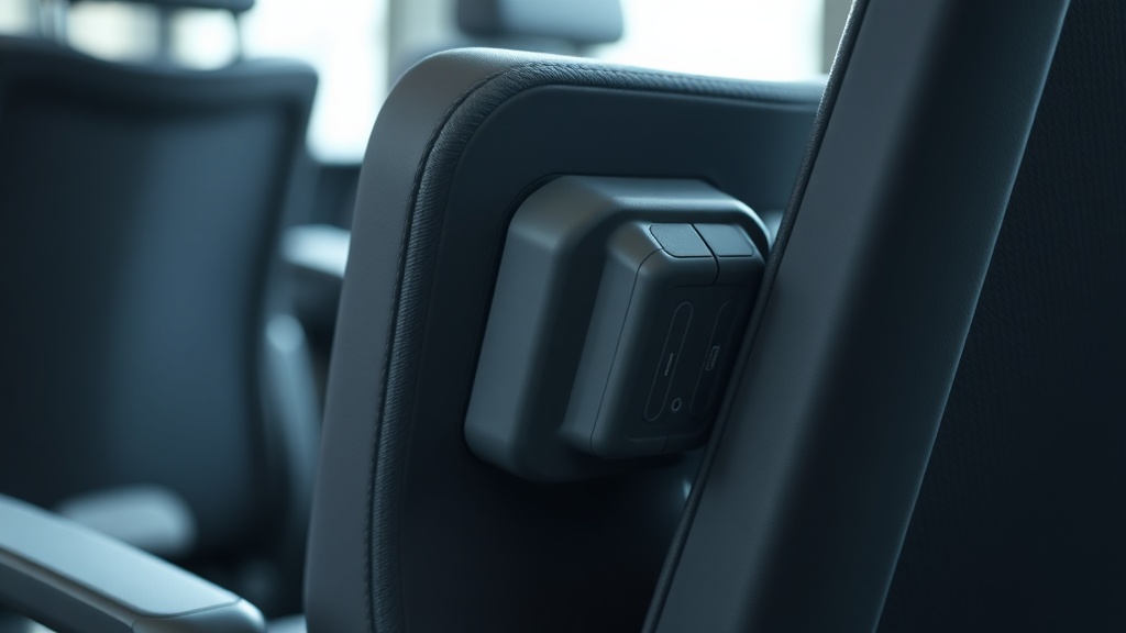 의자 등받이 하단의 요추 지지대 구조와 조절 레버를 가까이서 보여주는 상세 장면