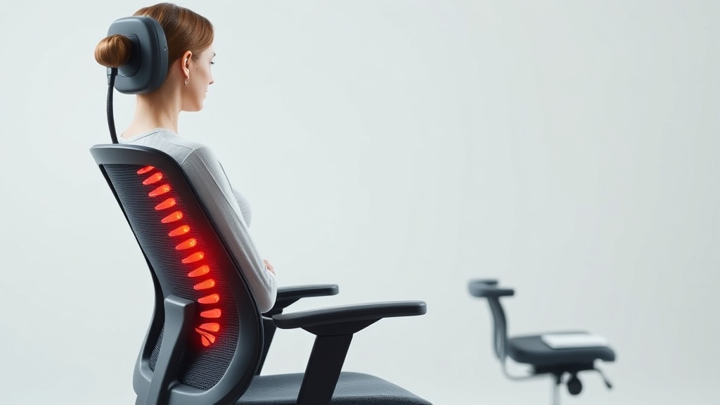 의자에 앉았을 때 요추 지지대가 척추의 자연스러운 S자 곡선을 안정적으로 받쳐주는 인체공학적 원리 이미지