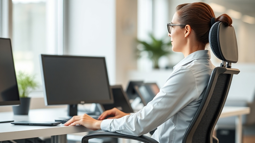 사무실에서 바른 자세로 인체공학 의자에 앉아 업무를 집중해서 보는 사람의 측면 모습
